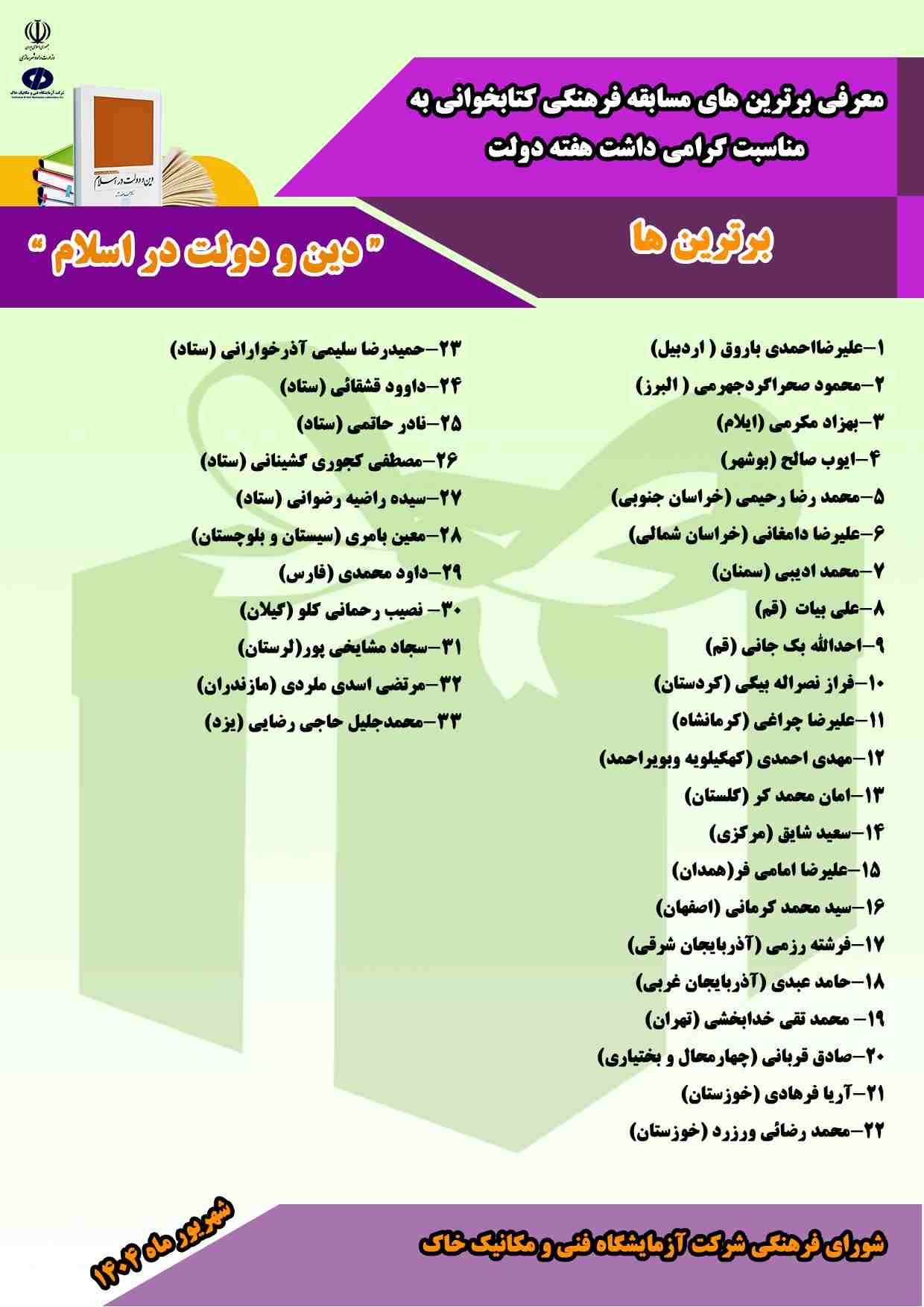 نفرات برتر 	"مسابقه فرهنگی کتاب‌خوانی"  به مناسبت گرامی داشت هفته دولت و روز کارمند معرفی شدند